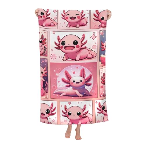 Cute Axolotl Beach Towel, 32x52in Microfiber Quick Dry Gold Cartoon Comic Fish Pink Bath Towels, Soft Lightweight Oversized Sand Free, for Travel Pool Swimming Gym Decor, Gifts - color: Axolotl