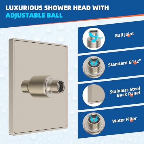 Hibbent cUPC Certified Thickness Metal 6'' Rain Shower Head, Brushed Nickel | High Pressure Shower Head, Bathroom Waterfall Shower Heads, High Flow Fixed Showerheads with Adjustable Brass Ball Joint - color: Brushed Nickel, style: Square 6''