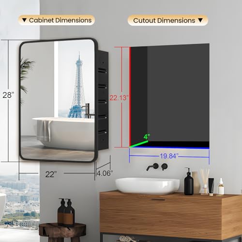 Black Medicine Cabinet 22x28 inch, Bathroom Mirror with Storage, Recessed or Wall Mounted Farmhouse Cabinets, Metal Framed Adjustable Shelves, One Door Open Left or Right - size: 22x28
