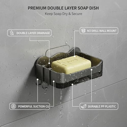 Suction Cup Soap Dish, Double Layer Wall Mount Holder for Shower & Sink, No Drill PP Plastic Drainage Tray (1 Pack) - color: Metallic