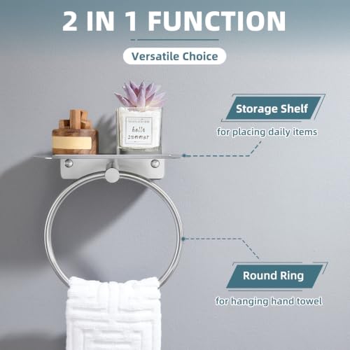 Angle Simple Towel Ring with Storage Shelf, Towel Holder Brushed Nickel | SUS304 Stainless Steel, Bathroom Kitchen Space Saver, Wall-Mounted - color: Brushed Nickel