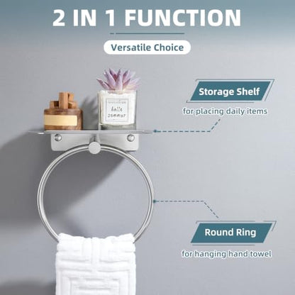 Angle Simple Towel Ring with Storage Shelf, Towel Holder Brushed Nickel | SUS304 Stainless Steel, Bathroom Kitchen Space Saver, Wall-Mounted - color: Brushed Nickel