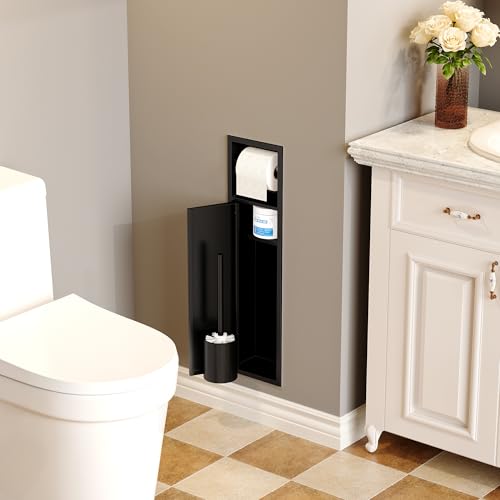 Qeke in Wall Toilet Brush Holder w/Cabinet, Black, 4" Depth | 304 Stainless Steel Rustproof Recessed Toilet Brush Holder, Tissue Paper Holder w/ Toilet Brush for Bathroom - color: Matte Black