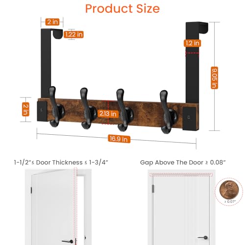 Homode Over The Door Hooks Heavy Duty, Wood Over Door Hanger Hook with Coat Hooks for Hanging Towels, Clothes, Hats, Bags - Rustic Brown Black - color: Rustic Brown