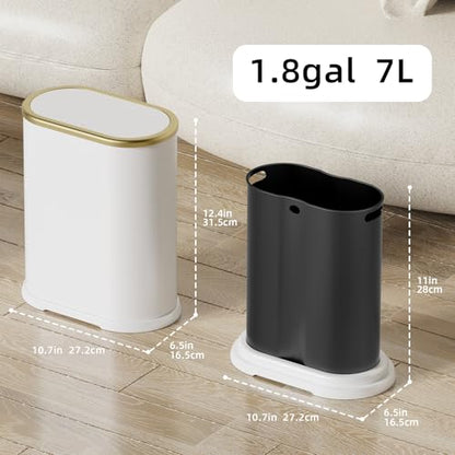 KSSKSS 1.8 Gallons Small White Bathroom Trash Can with Lid, Slim Bathroom Garbage Bin, Dog Proof Trash Can with Pop-Up Lid for Bedroom,Toile, White - color: Matt White