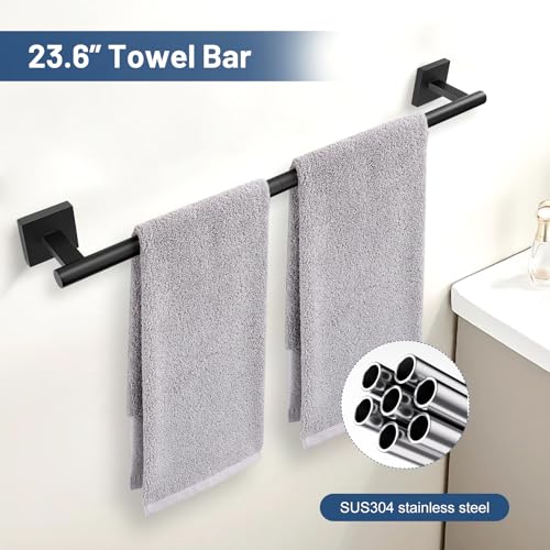 TURS 5-Pieces Matte Black Bathroom Hardware Set 23.6 Inch SUS304 Stainless Steel Towel Bar Set Wall Mounted Bathroom Accessories Set - color: Matte Black, size: 5-Pieces Set-B