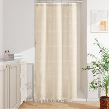 Small Stall Linen Farmhouse Shower Curtain with Tassel, Modern Boho French Country Chic Bathroom Shower Curtain Set with PEVA Liner, Cotton Hollow Fabric Shower Curtain 36x72 - Beige/Cream - color: Beige, size: 36"W x 72"L (Pack of 1)