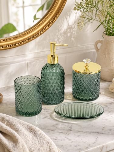 Haturi Glass Bathroom Accessories Set, Sage Green Bathroom Set, 4 Pcs | Kit w/ Bathroom Soap Dispenser Set, Toothbrush Holder, Qtip Holder,Soap Dish, Green Bathroom Decor, Gift for Home Apartment - style: Sage Green