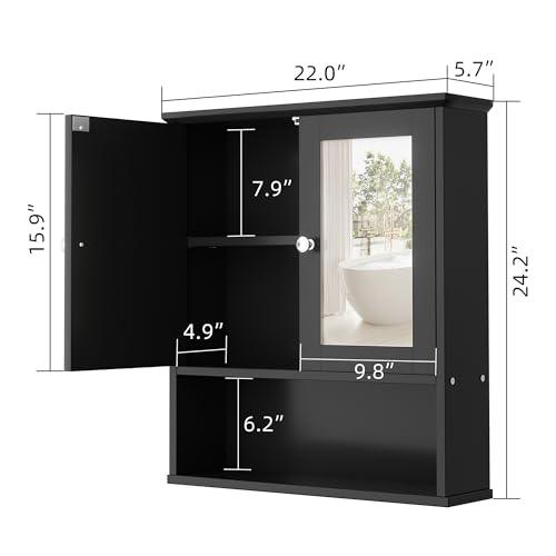 Shintenchi Bathroom Medicine Cabinet with Mirror, Wall Mounted, Black | Over The Toilet Cupboard, Adjustable Shelf, Open & Concealed Storage, 2 Magnet Doors, Space-Saving, Easy to Clean - color: Black