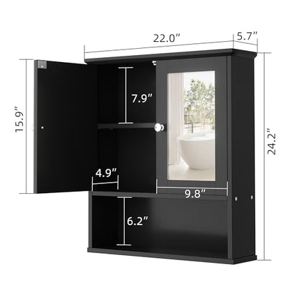 Shintenchi Bathroom Medicine Cabinet with Mirror, Wall Mounted, Black | Over The Toilet Cupboard, Adjustable Shelf, Open & Concealed Storage, 2 Magnet Doors, Space-Saving, Easy to Clean - color: Black