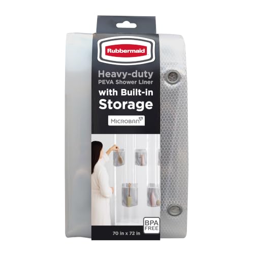Rubbermaid Clear Waterproof Shower Curtain Liner with 5 Storage Pockets, Heavyweight 8g PEVA Shower Liner for Bathroom, with Gray Rustproof Grommets and Pockets, 70x72, Standard Size, Clear - color: Clear, size: 70"W x 72"L (Pack of 1), style: With Storag