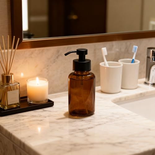 15 oz Amber Glass Foam soap Dispenser with Black Rust-Proof Foam Pump, refillable Thick Glass Foam soap Dispenser for Kitchen and Bathroom (1, 15 oz) - size: 15 oz