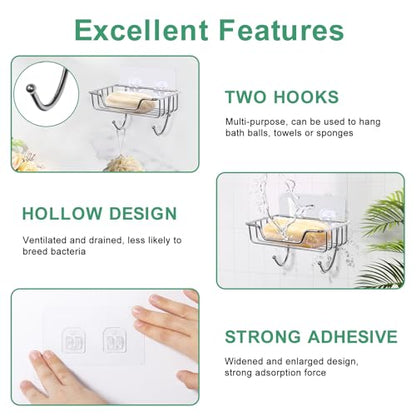 Uten Soap Dish Holder, 304 Rustproof Stainless Steel, No Drilling, Wall Mounted Soap Holder Soap Tray Bar Soap Sponge Holder for Bathroom & Kitchen(Pack 2) - color: Light Sliver / Hook, size: 2 Pack