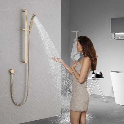Shower Slide Bar Handheld Shower Head with Hose, Bathroom Showerhead with Handle Spray, High Pressure Shower Slide Bar Height Adjustable with 59.06 Inch Stainless Steel Hose Brushed Gold - color: Brushed Gold-Square