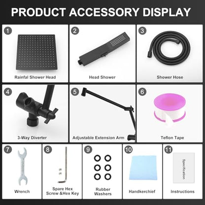 All Metal 10 Inch Rain Shower Head with Handheld Spray Combo, High Pressure Waterfall Rainfall Square Shower Heads with 16" Adjustable Extension Arm, Dual Showerhead with 3-Way Diverter, Matte Black - color: Matte Black, size: 10 Inch