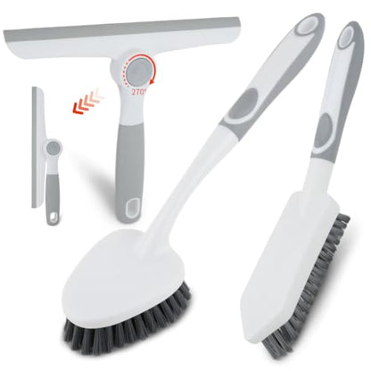 3 Pack Shower Cleaning Brush Set with Grout Cleaning Brush and Squeegee | Stiff Bristles, Ergonomic Handle, Heavy Duty Scrub Brush for Cleaning Bathroom, Shower, Bathtub, Floor, Grout, Tile, Sink