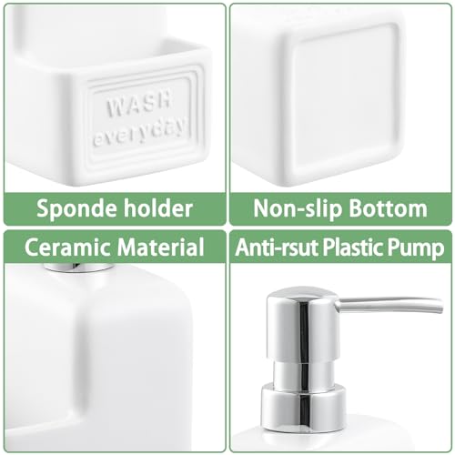 RQYIXI 2-in-1 Ceramic Dish Soap Dispenser with Sponge Holder, White, 15 Oz | caddy kitchen sink organizer embossed design mesh scrubber refillable pump countertop lotion bathroom vanity - color: Rectangle White