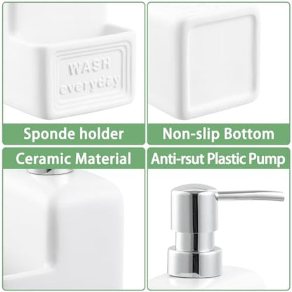 RQYIXI 2-in-1 Ceramic Dish Soap Dispenser with Sponge Holder, White, 15 Oz | caddy kitchen sink organizer embossed design mesh scrubber refillable pump countertop lotion bathroom vanity - color: Rectangle White