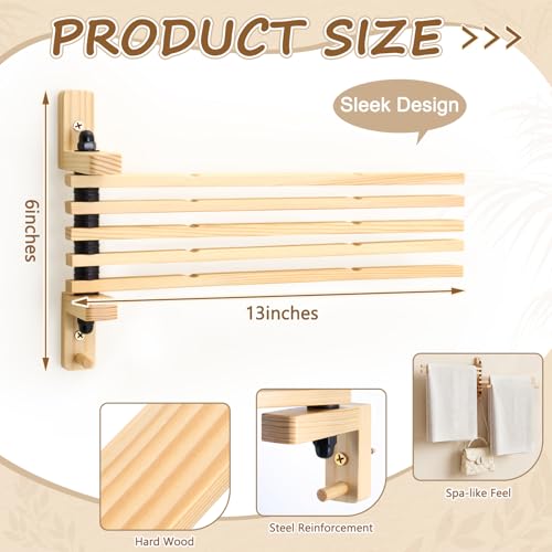 9 x 13 Inch Wood Swivel Towel Rack Wall Mounted Foldable Drying Rack with Anti-Slip Arms, Space Saving Towel Holder for Bathroom Laundry Room Closet, Pine Wood Hanger (5 Bar)