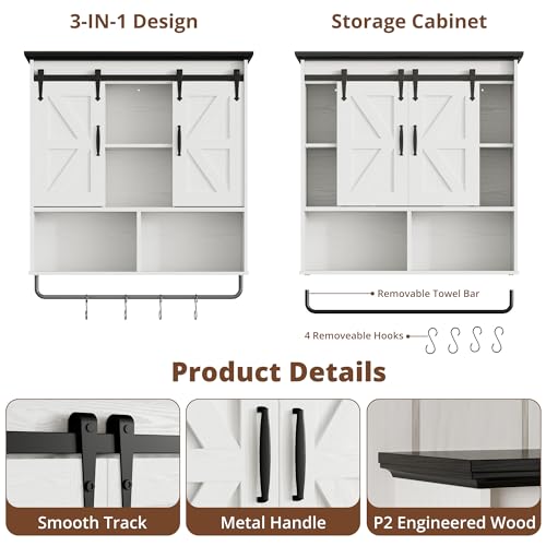 IRONCK Bathroom Wall Cabinet, Farmhouse Medicine Cabinet with Sliding Barn Door and LED Lights, Storage Cabinet Wall Mounted with Adjustable Shelves & Towel Bar for Bathroom, Kitchen, White