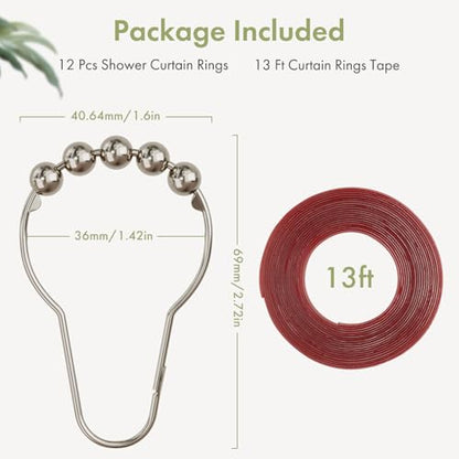 Shower Curtain Hooks, Decorative Shower Curtain Hooks Smooth, 12pcs Shower Hooks and 13ft Clear Curtain Hooks Prevents Shower Hooks from Snagging - color: Brushed Nickel+curtain Tape, style: Single Hooks