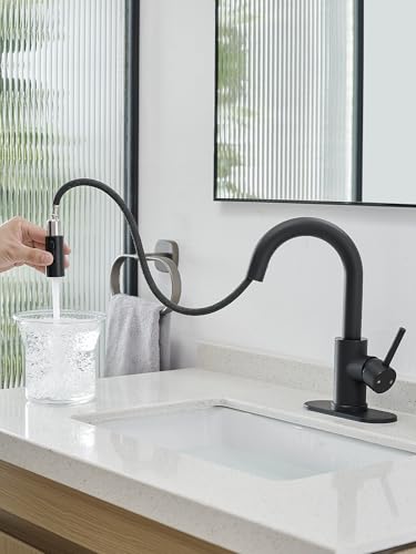 Black Bathroom Sink Faucet with Pull Out Sprayer for Sink 1 Hole,Bar Sink Faucet with Pop-Up Drain,Stainless Steel Single Handle Kitchen Faucet 360°Swivel Bathroom Faucets for Two Water Outlet Modes - color: Black, style: Pull-out