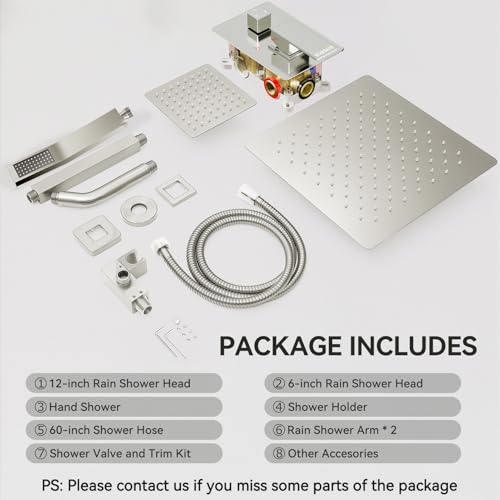 STARBATH Shower Faucet Set Shower System with Diverter Valve Brushed Nickel | 12 Inch Ceiling Mount Rain Shower Head, 6 Inch Wall Mount Rainfall Shower Head and Handheld Spray for Two Person - color: Brushed Nickel, size: 12"+6"-02