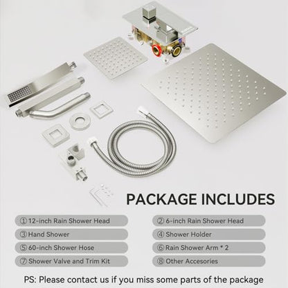 STARBATH Shower Faucet Set Shower System with Diverter Valve Brushed Nickel | 12 Inch Ceiling Mount Rain Shower Head, 6 Inch Wall Mount Rainfall Shower Head and Handheld Spray for Two Person - color: Brushed Nickel, size: 12"+6"-02
