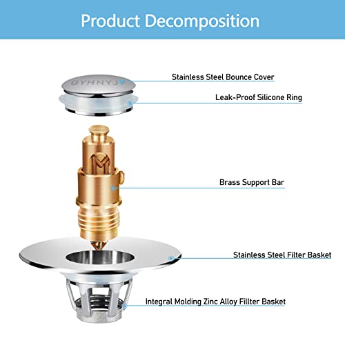 QYHNYJF Bathroom Sink Stopper with Hair Catcher – Universal Pop-Up Drain Strainer for 1.1–1.5 inch US Standard Sink Drain Holes, Anti-Clog Basin Stopper, Silver - color: Chrome Silver
