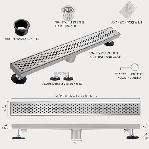Linear Shower Drain, 32 inch Brushed Nickel | Including Hair Catcher and Removable Grate, 304 Stainless Steel, Easy to Install and Clean (Drain Base Not Included)