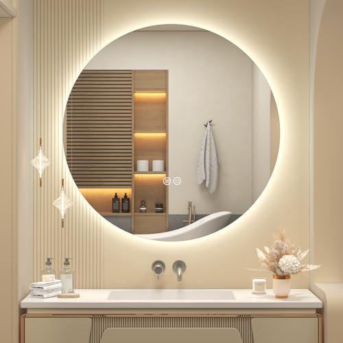 SMIROR 36 inch Round Led Backlit Lighted Bathroom Mirror for Wall | Circle Vanity Mirror with Lights, Anti-Fog, 3 Colors, Dimmable, Memory, Tempered Glass, Wall- Mounted - size: 36"L x 36"W