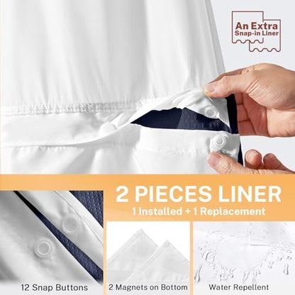 River Dream No Hooks Shower Curtain with 2 Snap in Liner, Navy, 71Wx74H | Waffle Weave, 1 Attached Snap in Liner and 1 Extra Replacement Liner, Bathroom Curtains Shower Set, Hotel Grade, Spa Like - color: Navy Blue