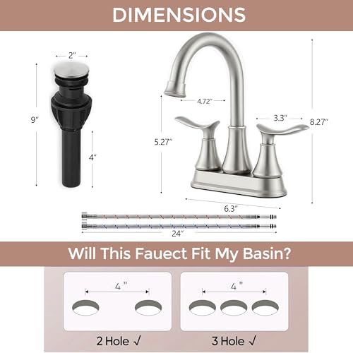 KINGO HOME Modern Brushed Nickel 2-Handle Bathroom Faucet, 4 inch Centerset RV Bathroom Sink Faucet Lavatory Bath Sink Vanity Faucet with Water Supply Lines and Pop Up Drain - color: Brushed Nickel