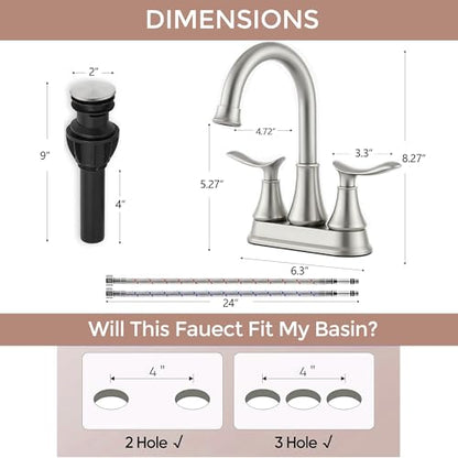 KINGO HOME Modern Brushed Nickel 2-Handle Bathroom Faucet, 4 inch Centerset RV Bathroom Sink Faucet Lavatory Bath Sink Vanity Faucet with Water Supply Lines and Pop Up Drain - color: Brushed Nickel