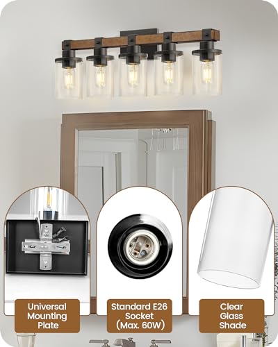 5-Light Bathroom Light Fixture, Farmhouse Vanity Lights for Bathroom with Glass Shade, Rustic Bathroom Light Fixtures, E26 Base F10BD05W1 - size: 5-Light