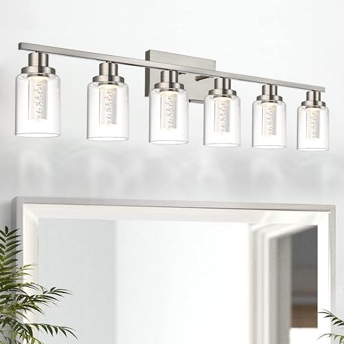 MELUCEE 6-Light LED Bathroom Vanity Light Brushed Nickel 3000K-6000K | Modern Bathroom Light Bar with Crystal Bubble Clear Glass Shade, Dimmable Bathroom Wall Sconce Lamp,Built-in LED Chips - color: Brushed Nickel, size: LED-6 Lights