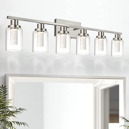 MELUCEE 6-Light LED Bathroom Vanity Light Brushed Nickel 3000K-6000K | Modern Bathroom Light Bar with Crystal Bubble Clear Glass Shade, Dimmable Bathroom Wall Sconce Lamp,Built-in LED Chips - color: Brushed Nickel, size: LED-6 Lights