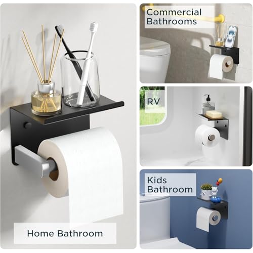 FORIOUS Toilet Paper Holder with Phone Shelf, Black & Brushed Nickel | Wall Mount Toilet Paper Roll Holder for Bathroom, Stainless Steel Commercial Toilet Tissue Roll Dispenser with Phone Shelf - color: Matte Black & Brushed Nickel
