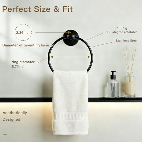Adhesive Towel Ring Self Adhesive Hand Towel Ring Stainless Steel Rustproof Bathroom Towel Holder Wall Mount SUS 304 Stainless Steel Matte Black,Bathroom Hand Towel Holder