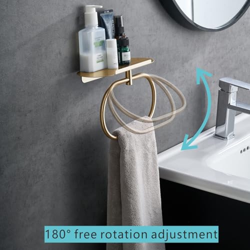 Towel Ring with Shelf, Heavy Duty Stainless Steel Bathroom Hardware, Adhesive No-Drill or Drill Mount Wall Mounted Towel Holder for Bathroom and Kitchen (Gold) - color: Gold