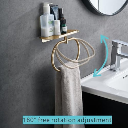 Towel Ring with Shelf, Heavy Duty Stainless Steel Bathroom Hardware, Adhesive No-Drill or Drill Mount Wall Mounted Towel Holder for Bathroom and Kitchen (Gold) - color: Gold