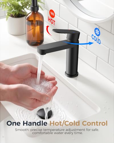FORIOUS Bathroom Faucet 1 Hole, Single Handle Vanity Faucet Matte Black | Black Bathroom Sink Faucet with Deck Plate, Fits 1 Hole and 4-Inch 3 Hole Install, for RV Vanity Lavatory Restroom Camper - color: Matte Black