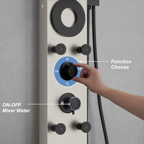 Hoimpro Brushed Nickel LED Shower Panel Tower System,2 In 1Function Shower Panel Light Rainfall Waterfall Shower Rain Massage System with Body Jets Handheld Shower Sprayer, Stainless Steel, Wall Mount - color: Nickel