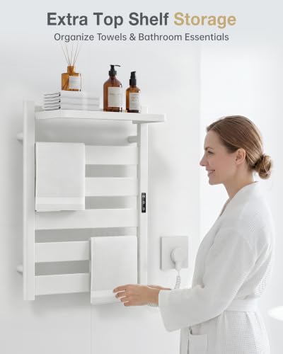 6-Bar Wall Mounted Heated Towel Rack, 170°F Heating White | Bathroom Towel Warmer with Top Shelf, Memory Function, Adjustable 110–170°F Temperature, 2–12H Timer, Space Saving Design - color: White, size: ZW 6-Bars