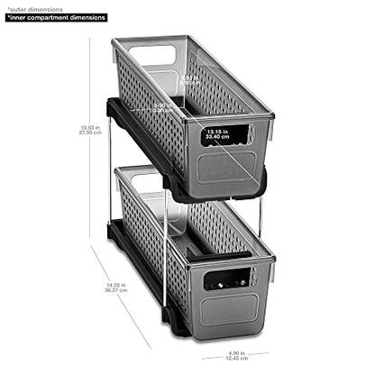madesmart Premium Small 2 Tier Organizer, Under Cabinet Storage with Sliding Drawers, for Cleaning Supplies, Pantry, Sponges, Bottles, Adjustable Dividers & Pull Out Sliding Baskets, Carbon