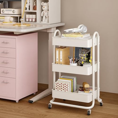 MIOCASA 3-Tier Metal Utility Rolling Cart, Heavy Duty Multifunction Cart with Lockable Casters, Easy to Assemble, Suitable for Office, Bathroom, Kitchen, Garden - style: White