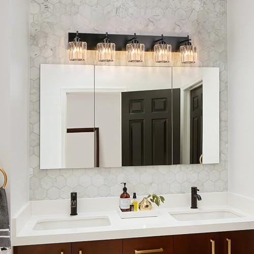 Black Crystal Bathroom Vanity Lights, Modern 5-Lights Bathroom Lighting Fixtures Over Mirror, Crystal Wall Lighting with Round Shade - color: Black-Round Shade, size: 5-Light