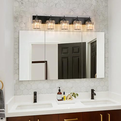 Black Crystal Bathroom Vanity Lights, Modern 5-Lights Bathroom Lighting Fixtures Over Mirror, Crystal Wall Lighting with Round Shade - color: Black-Round Shade, size: 5-Light