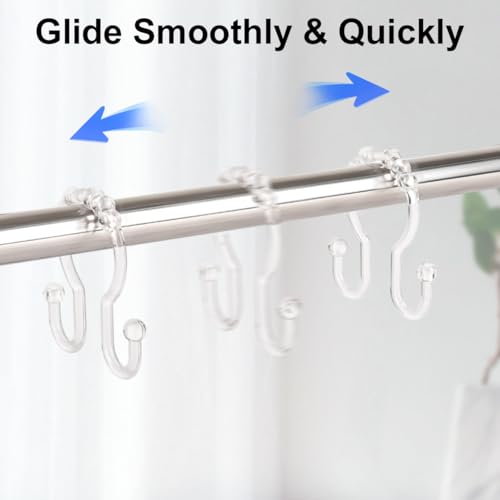 Resze Plastic Shower Curtain Hooks, 12 Pcs Clear Shower Curtain Rings Set | Glide Roller Shower Hooks, Rust Proof Anti-Drop Shower Rings, Smooth Sliding Double Hooks for Bathroom Shower Rods Curtains