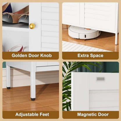 VASAAOSD Metal Bathroom Storage Cabinet, 40.1” Floor Buffet Cabinet White | Adjustable Shelves, Metal, Fluted Doors, Small Storage Sideboard for Bathroom, Kitchen, Living Room, Dining Room, Entryway